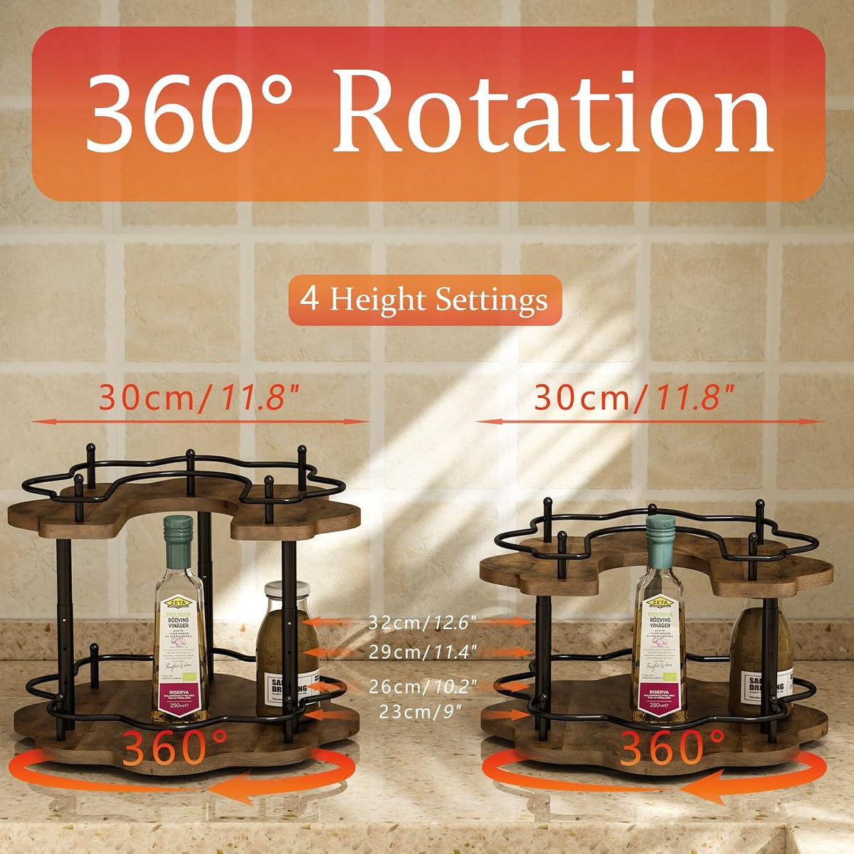 2 Tier Lazy Susan Organizer,2-Tier Spinning Spice Rack with Stable Carousel Base & 4 Height Settings for Cupboard Kitchen Countertop Dining Table Cupboard (Petal Shape)