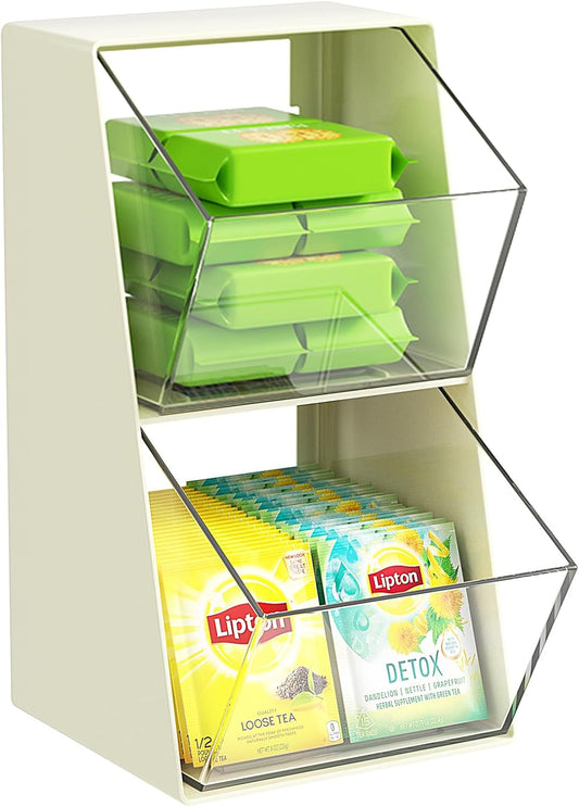 Acrylic Tea Bag & K Cup Organizer with 2 Transparent Drawers - Compact Multi-Use Storage for Coffee Pods, Sugar Packs -