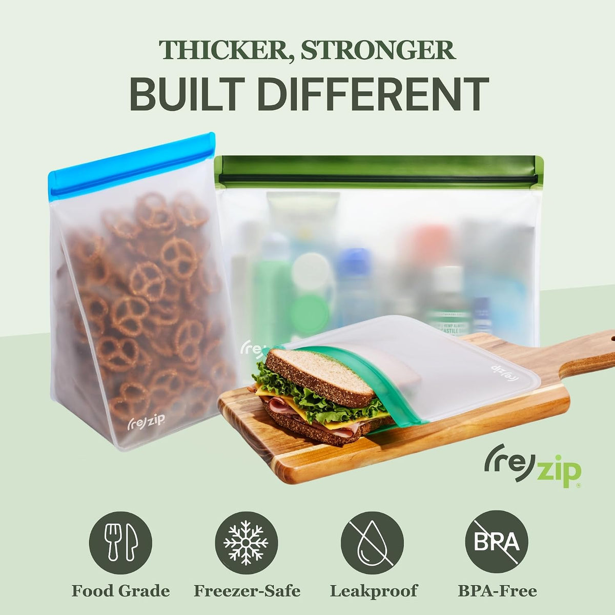 (re) zip 5-pack Reusable Sandwich Lunch Food Storage Bags (28 Fl Oz, 3.5 Cup) | BPA-Free, Food Grade, Leakproof, Freezer Safe, Dishwasher Safe, Travel Friendly | Jewel Tones for Easy Organization