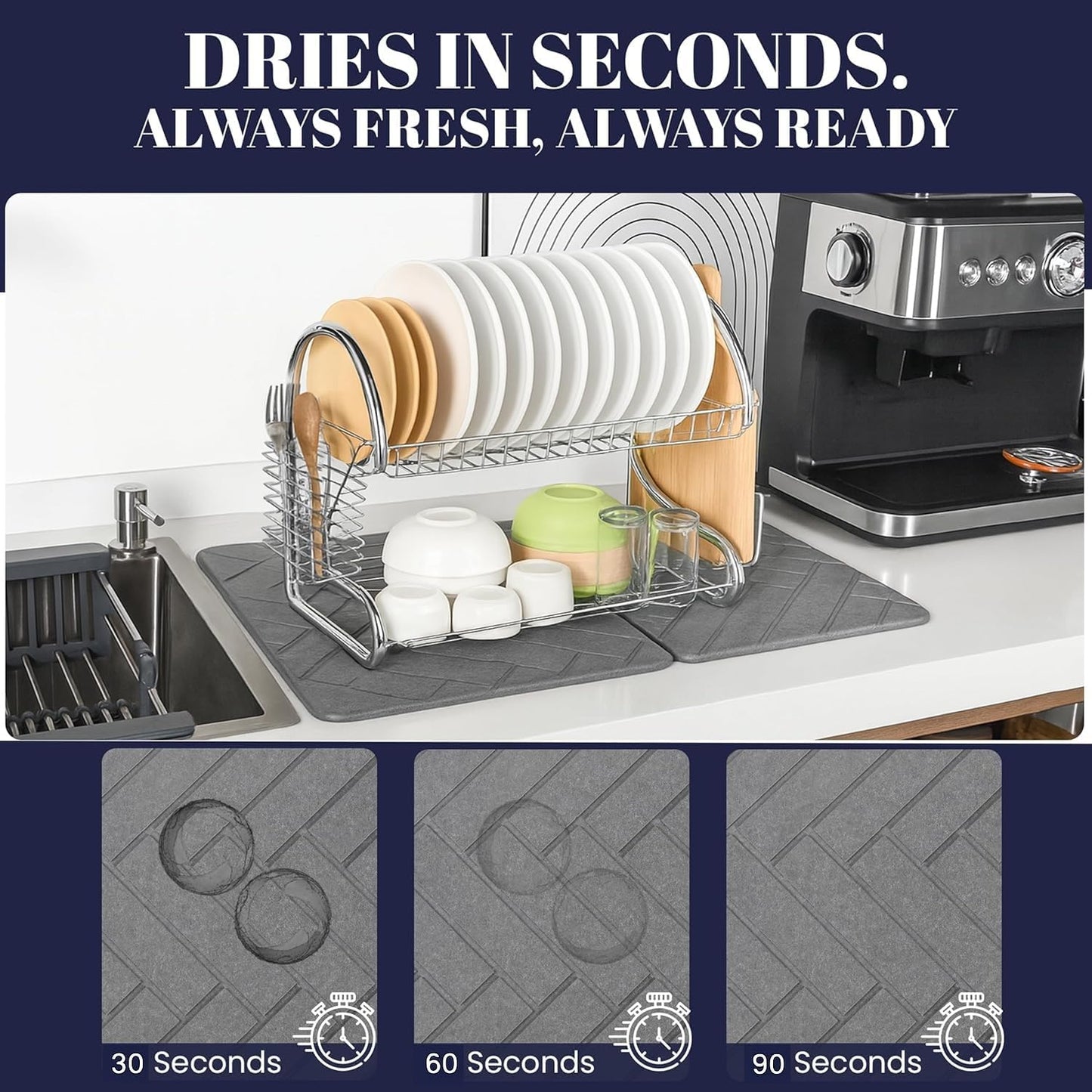 Folding Stone Dish Drying Mat for Kitchen Counter 23"x15" - Diatomaceous Earth Quick Dry Mat, Non-Slip, Foldable &amp; Absorbent Stone Drying Pad for Dishes Cups Bottles - Kitchen Bath &amp; Pet Mat