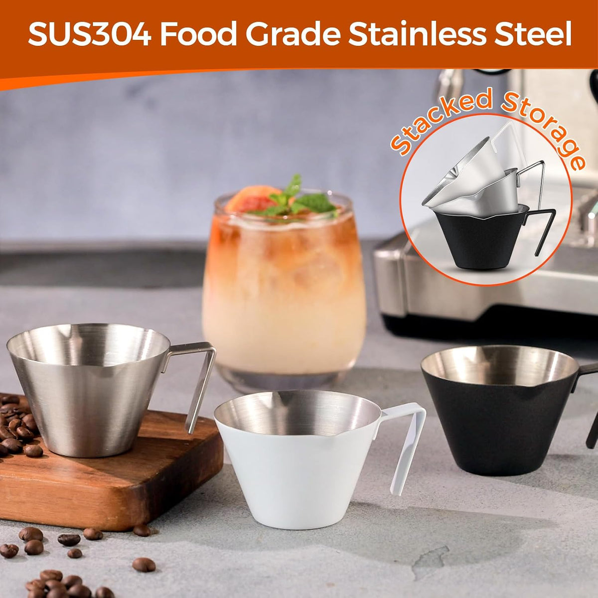 YARRAMATE Stainless Steel Espresso Shot Cup, 3.4oz (Black, 2 Pack) | Heat Insulated Grip, Stackable, Dual-Scale Accuracy, Easy to Rinse Clean, Fits Espresso Maker