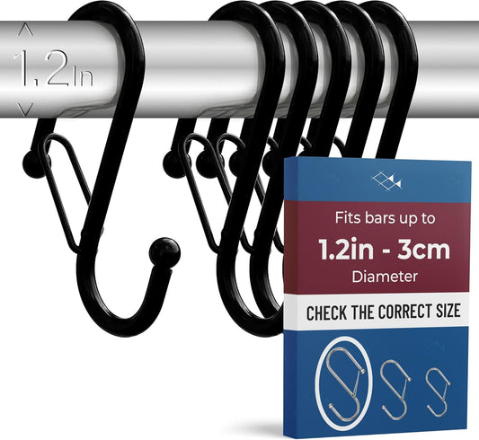 6 S-Shaped Hooks with Anti-Fall System. Anti Drop S-Shaped Hook with Safety Buckle to Prevent Falls. Heavy Duty. (Black, 4in