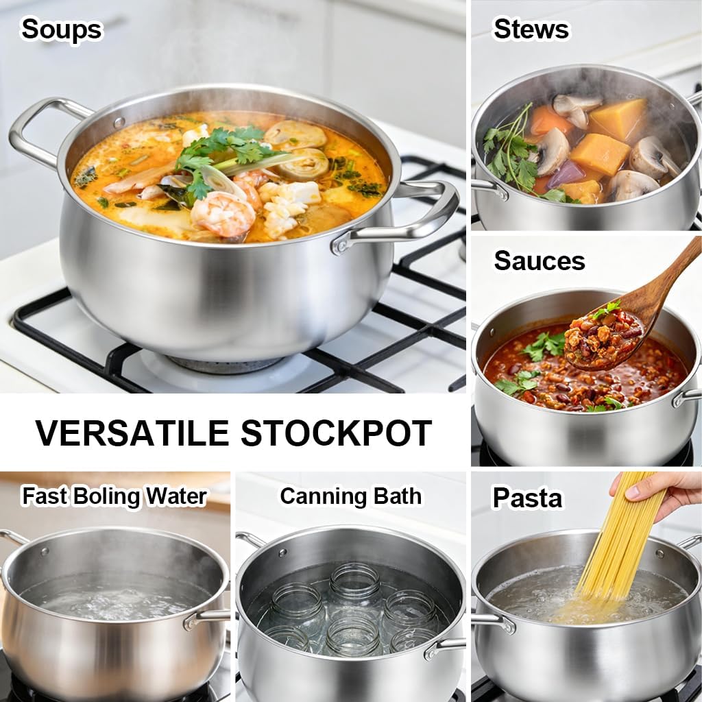 Tifanso 8QT Tri-Ply Stainless Steel Induction Stock Pot with Lid | Heavy Duty Nonstick Build, Great for Soup Pasta Canni