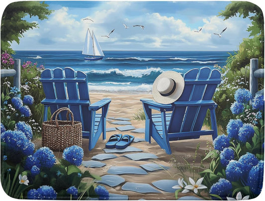 Summer Beach Chairs Dish Drying Mat Sea Wave Blue Floral Drying Mat fo Kitchen Counter 16”x18” Absorbent Reversible Kitchen