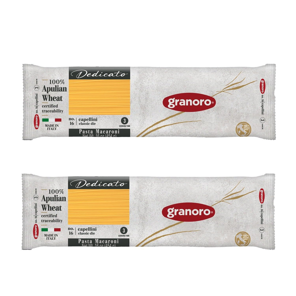 Granoro Dedicato Capellini #16 (Angel Hair) - Authentic Italian Pasta, Made from 100% Puglia Durum Wheat Semolina, Non-GMO, Vegan, 1 lb Bags (Pack of 2)