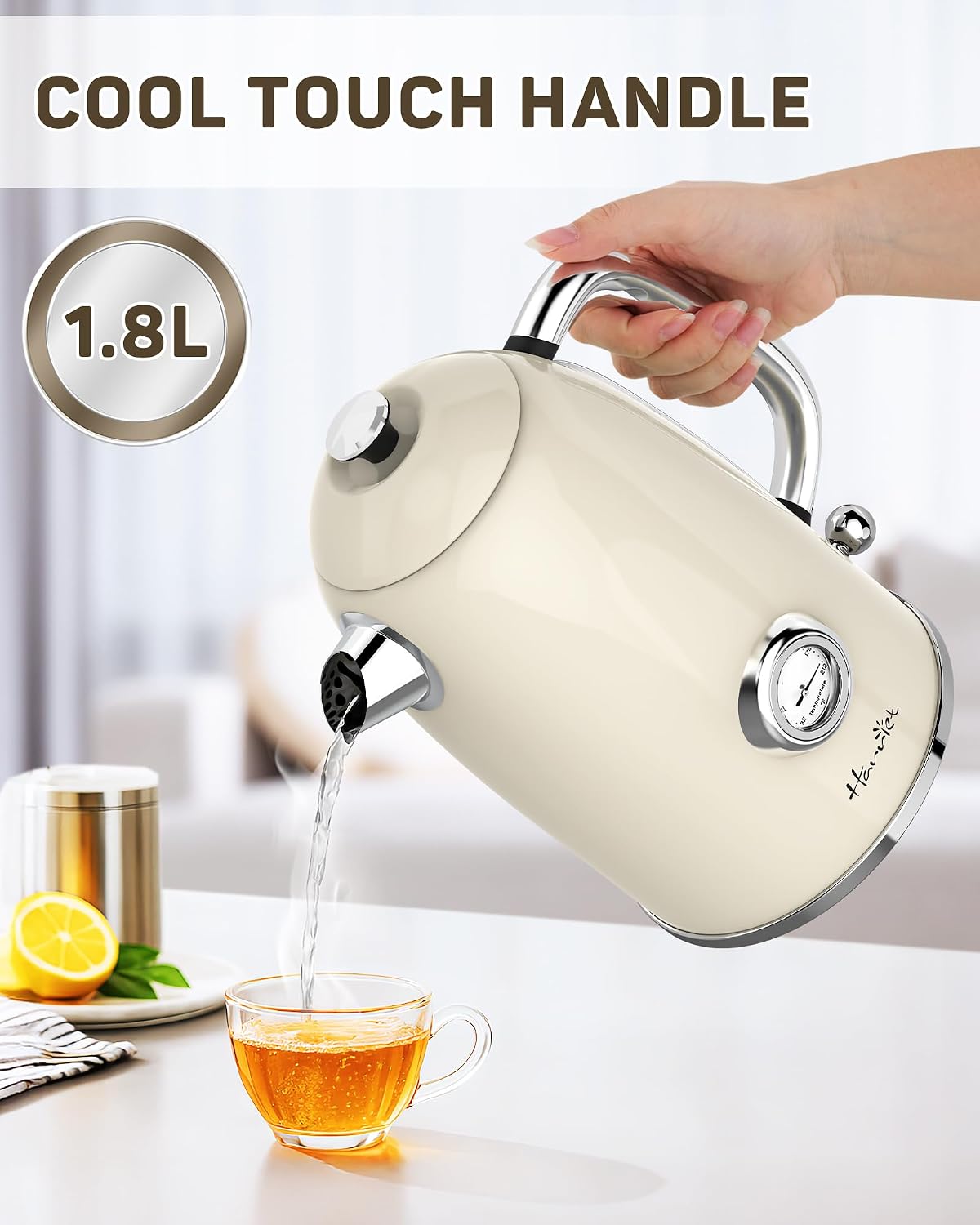 Harriet 61oz Electric Kettle with Thermometer, Retro Hot Water Boiler | 1500W Hot Water Kettle, Electric Tea Kettle for Boiling Water, LED Indicator, Auto Shut-Off &amp; Boil Dry Protection