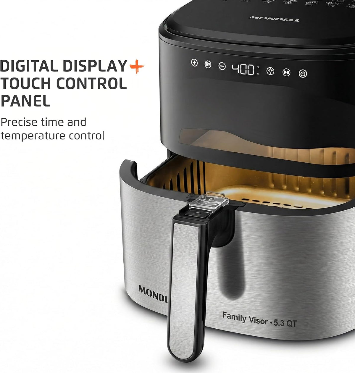 Air Fryer Digital Visor Inox 5.3QT Capacity - High Power & Elegant Stainless Steel Finish - Black & Inox