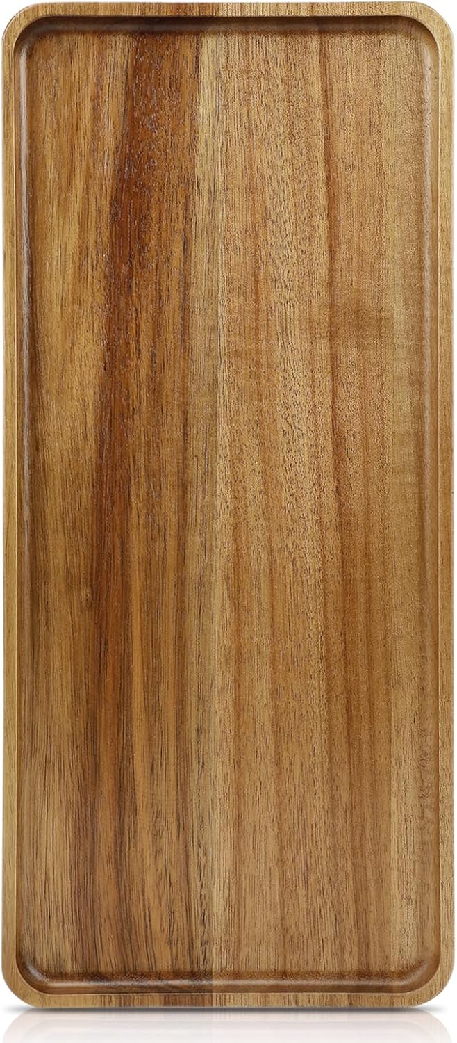 15.7" x 7" Large Solid Acacia Wood Serving Tray Rectangular Wooden Serving Platter Natural Wooden Board for Bar Coffee Party (1)