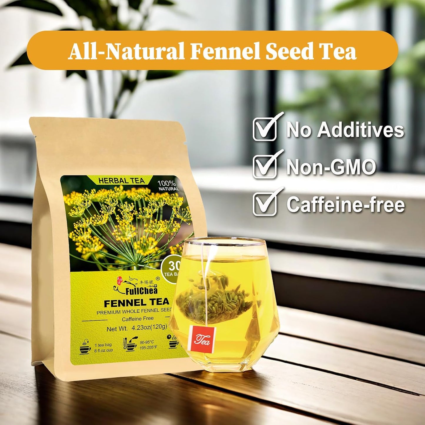 FullChea - Fennel Tea Bags, 30 Count, Whole Fennel Seeds | Warm aromatic seed infusion, caffeine-free, supports digestion and immune wellness in daily herbal tea routines