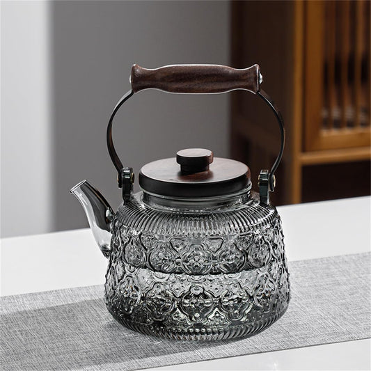 IwaiLoft Stovetop Safe Glass Teapot with Malus Spectabilis Pattern Removable Infuser Fine Borosilicate Tea Pot perfect for