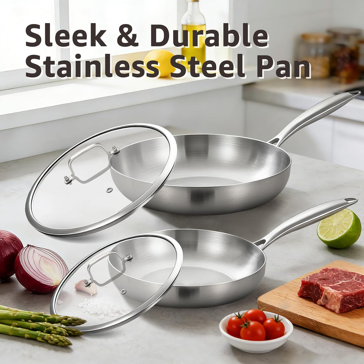 Inqibee 8.5-12 Inch Tri-Ply Stainless Steel Frying Pans Set with Lids,Skillets,Induction Cooking Pans,Pots and Pans Set,Dishwasher and Oven Safe,Detachable Handle