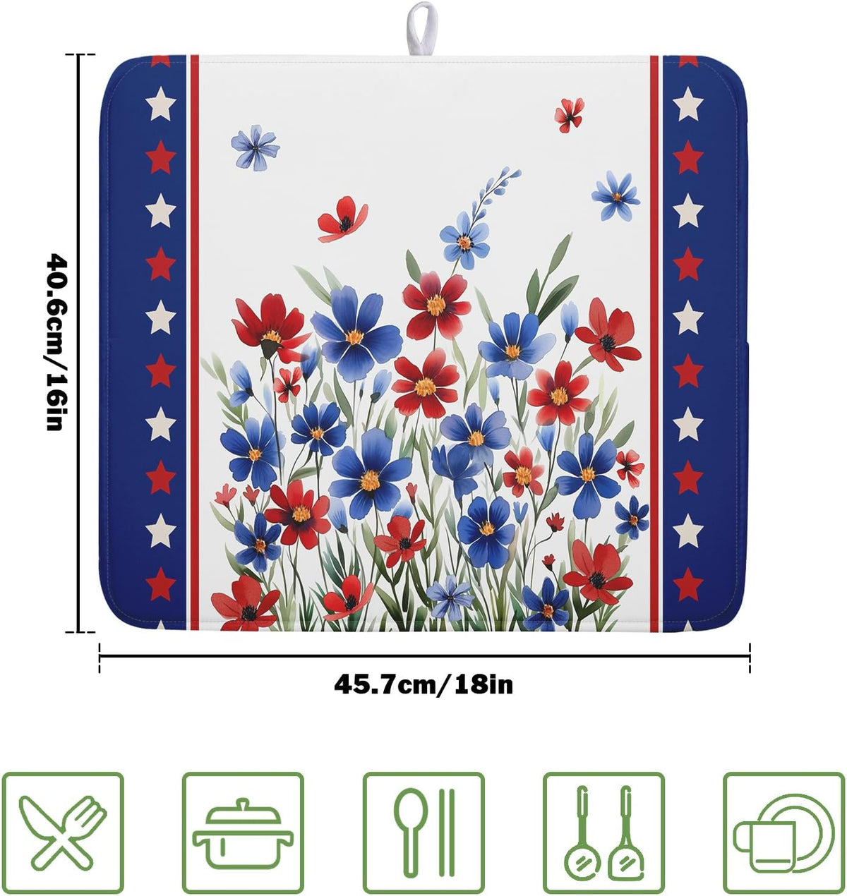 4th of July Dish Drying Mats for Kitchen Counter Patriotic Star Microfiber Absorbent Dish Drainer Rack Mat Summer Floral Independence Day Protector Sinks Dishes Pad for Countertop Table Decor 16”x18”