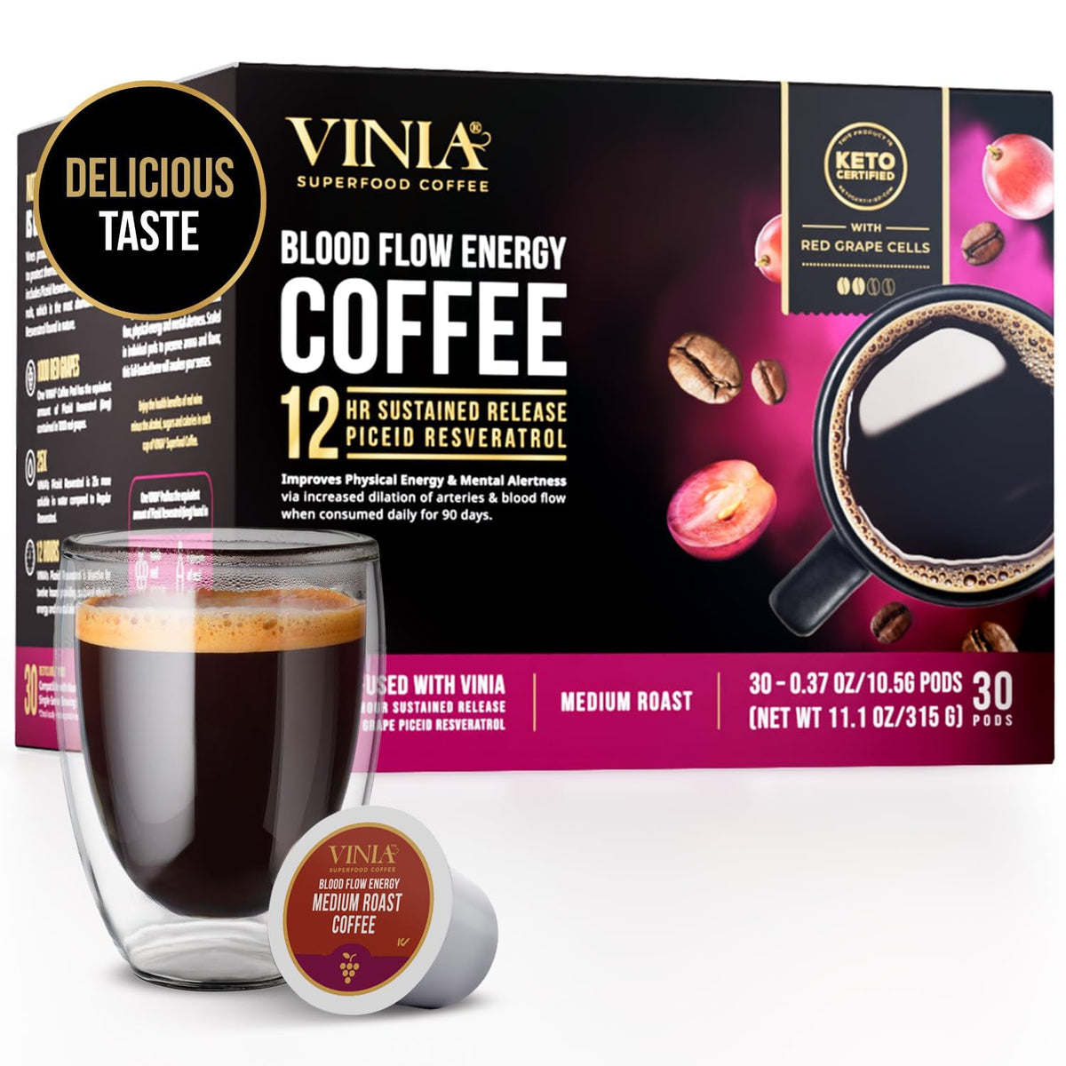VINIA Blood Flow | Medium Dark Roast Coffee Pods | K-Cup Pods, 30 Count | Functional Coffee | 100% Arabica | Red Grape Piceid Resveratrol | Heart Health, Physical Energy, Alertness, Circulation