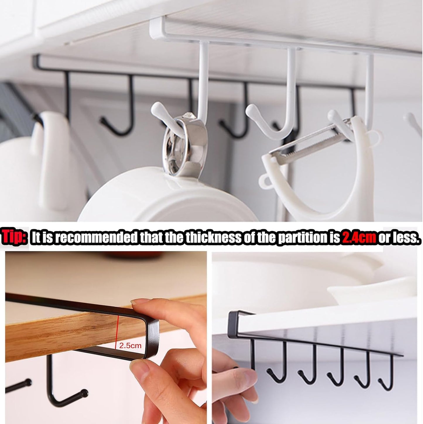 6PCS Mug Hooks Under Cabinet,Mug Holder Under Shelf with 6 Hooks