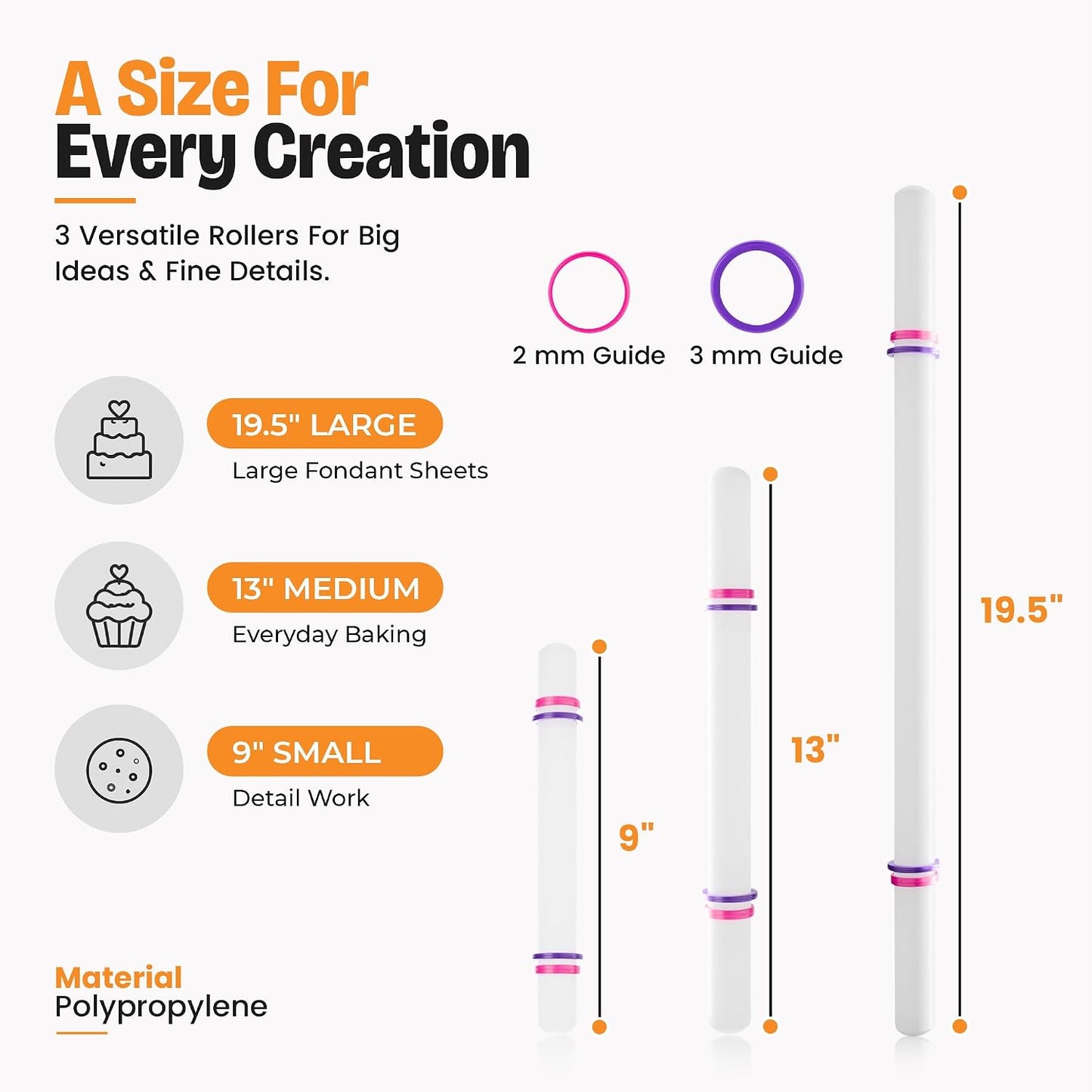 Bakerpan Fondant Roller Set - 3 Fondant Rolling Pins with Thickness Guide Rings for Fondant, Gum Paste, Sugar Paste &amp; Cake Decorating - 19.5", 13" &amp; 9"