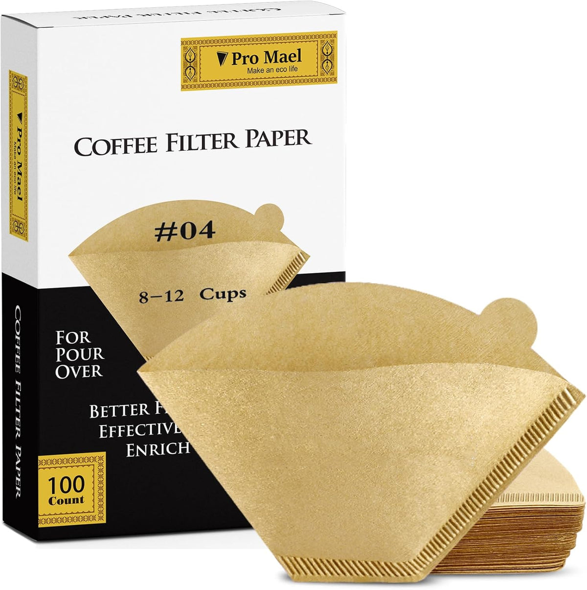 Pro Mael Cone Coffee Filters #4, 100 Count, Unbleached Natural | Number 4 Coffee Filter, 8-12 Cup, For Pour-Over and Drip Coffee Maker