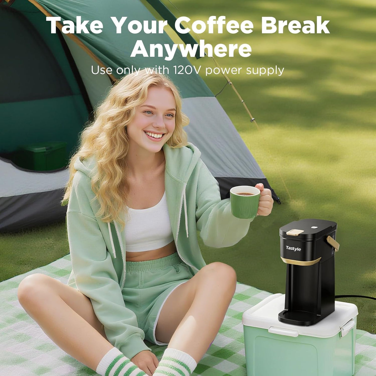 Tastyle Mini Single Serve Coffee Maker for K Cups and Grounds with Handle | for Travel, Camping, Office, RV and Dorm, Portable Handle, 120V, 6 to 12 Oz Brew Size, BPA Free, K302, Black and Gold