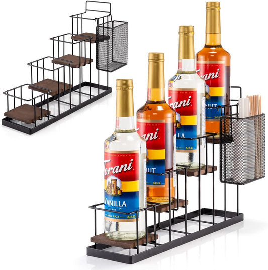 Coffee Syrup Rack Organizer, with Rustic Wood Holder Coffee Station Bar Accessory for Syrup, Wine, Dressing Bottle