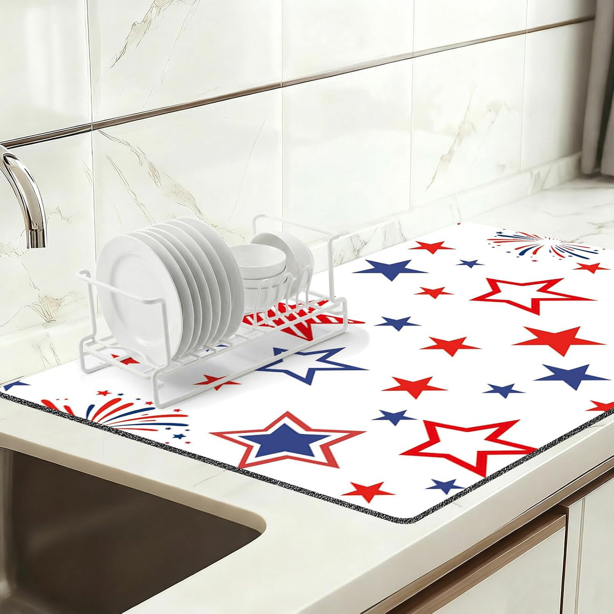 Coffee Bar Mat for Espresso Machine, 12" X 20" Absorbent Dish Drying Mat for Kitchen Counter, Quick Dry Non-Slip Waterproof and Stain-Resistant Coffee Maker Mats Better Than Stone Mats, Stars