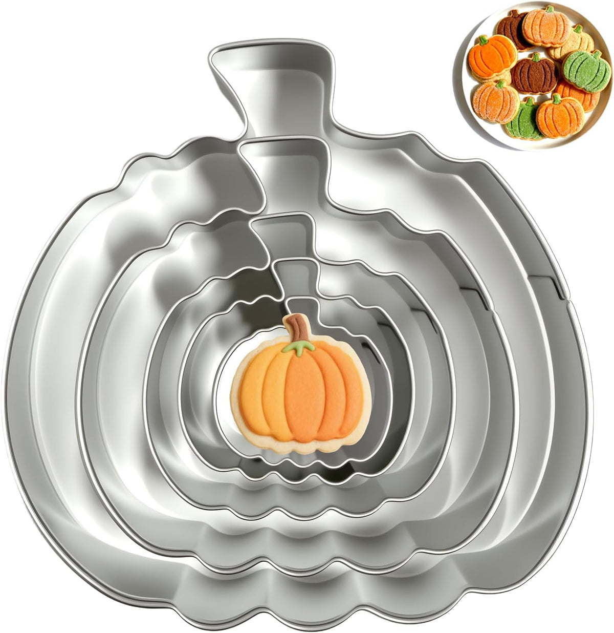 Pumpkin Cookie Cutters Set with Box, Set of 5 | Stainless Steel, 3.94'', 2.95'', 2.05'',1.57'', 1.18'', Metal Biscuit Mold for Halloween Fall Holiday Baking &amp; Decoration