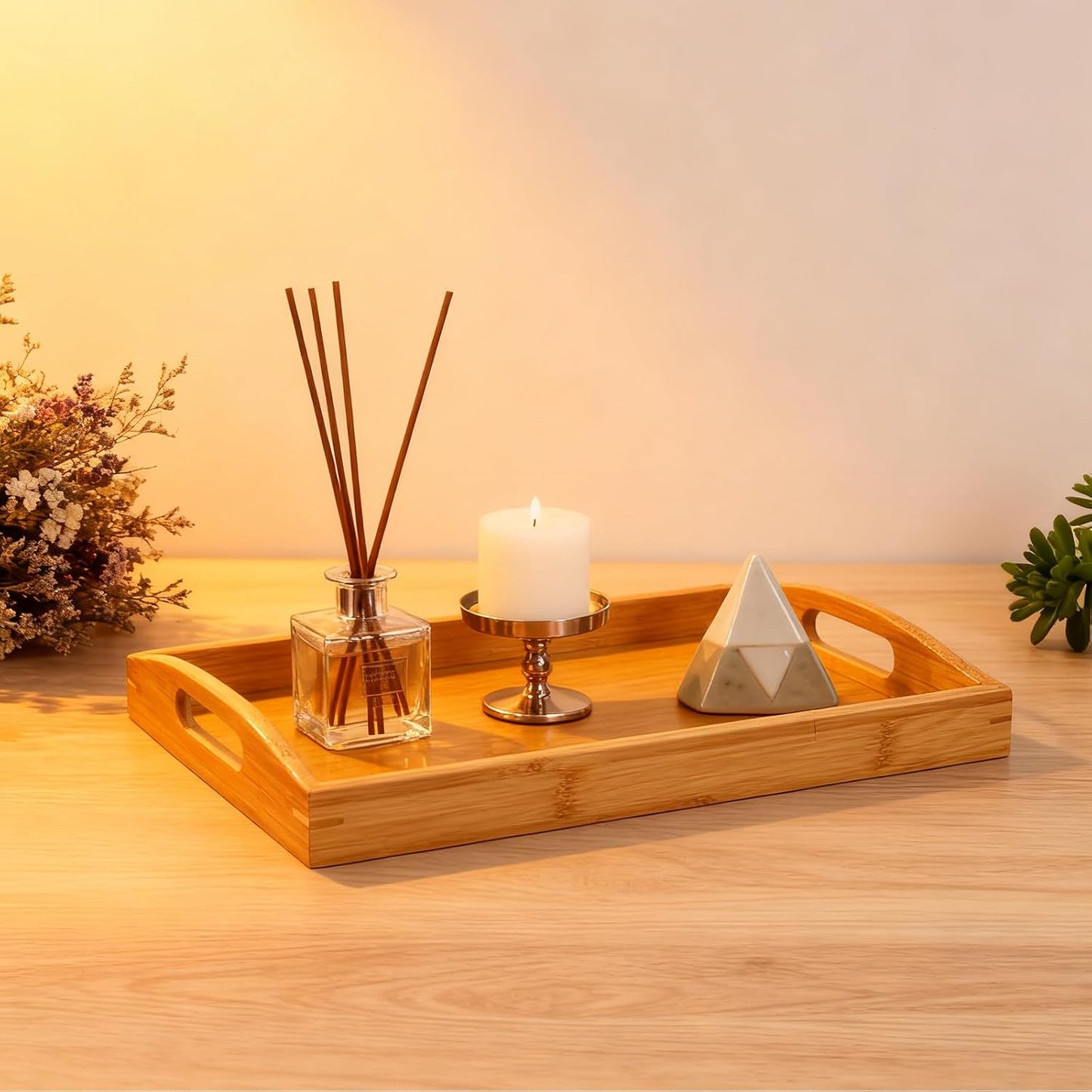 2-Pack Bamboo Serving Trays with Handles, 16" and 13", Decorative Food Tray Set for Breakfast, Coffee, Tea, Snacks, Ideal for Coffee Table, Ottoman, Living Room &amp; Kitchen