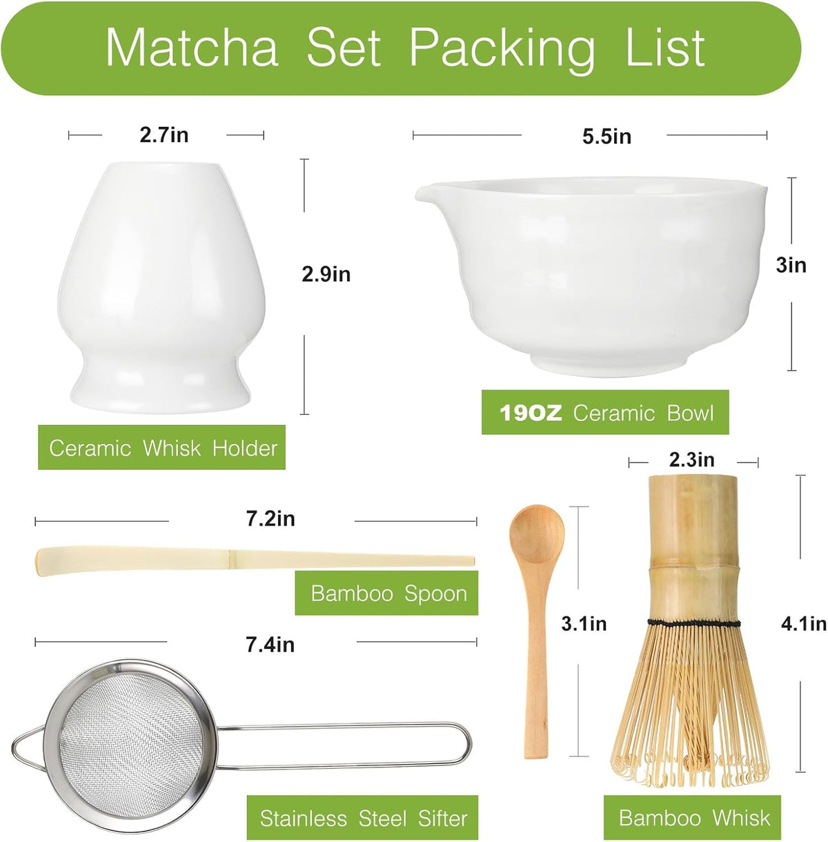 6 Pcs Matcha Set - Matcha Whisk Set &amp; Matcha Bowl Set with Bamboo Scoop, Stainless Steel Sifter, 19 oz Ceramic Pouring Bowl, Matcha Spoon, Whisk Holder - Japanese Tea Ceremony Kit for Gifts (White)