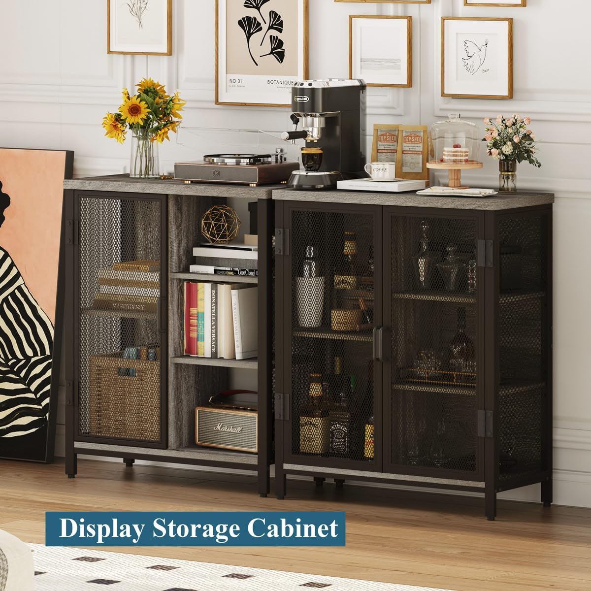 BON AUGURE Liquor Cabinet Bar for Home, Coffee Storage Cabinet | Adjustable Shelves, Small Wood Sideboard Buffet Station Cabinets with Door, for Kitchen/ Dining/ Entryway, Dark Grey Oak, 36"