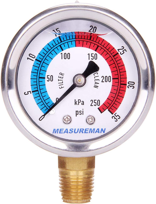 MEASUREMAN 2" Dial Size, Glycerin Filled Pool Filter Pressure Gauge, 304 Stainless Steel Case, 0-35psi/250kpa, 1/4" NPT