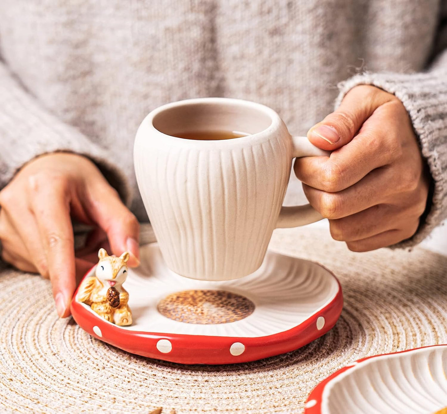 Cute Mushroom Mug with Saucer, Handmade Glaze Polka Dot, with Squirrel Decoration on the Plate. Safety Matt Ceramic Coffee Cups, 11 oz Cartoon Tea Cup. Best Gifts for Women &amp; Girls.