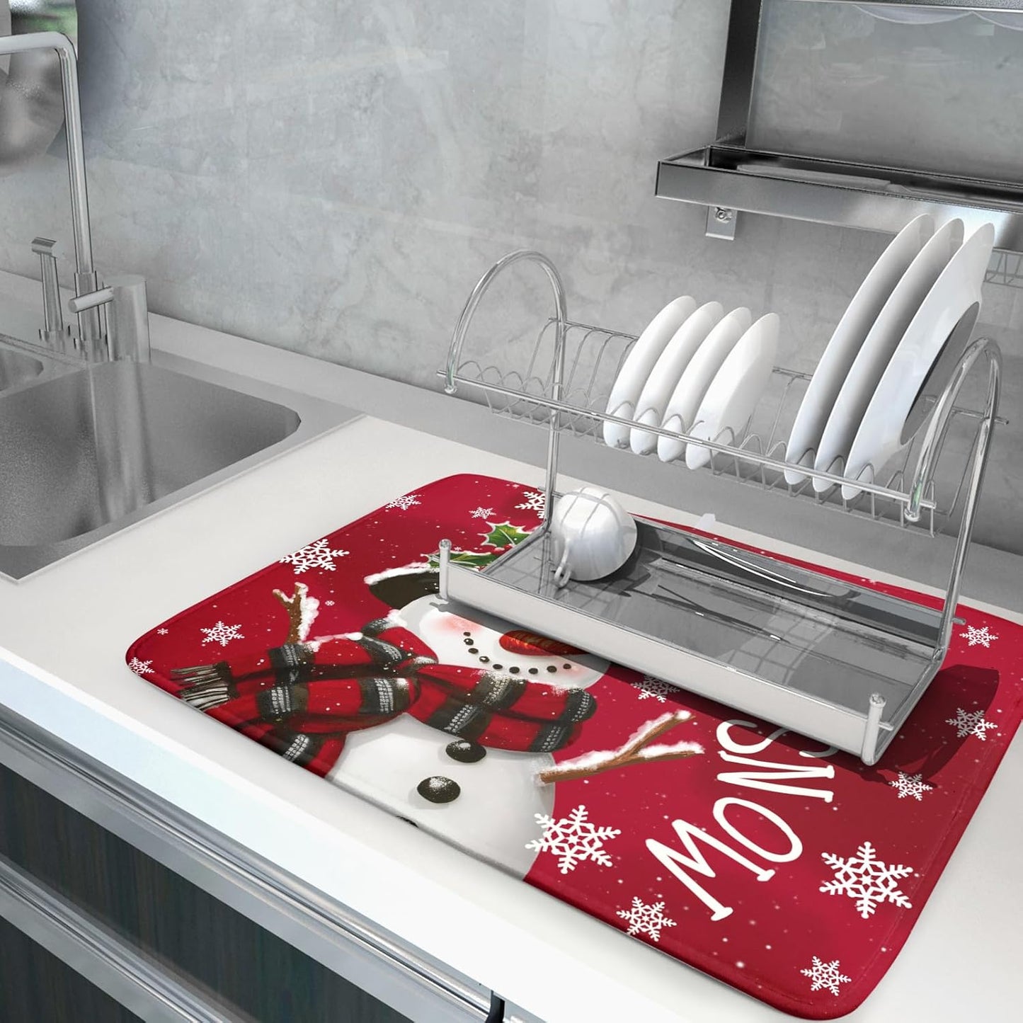 Merry Christmas Dish Drying Mat for Kitchen Counter 18x24 Inch Let It Snow Dish Draining Mat Xmas Snowflakes Decorations