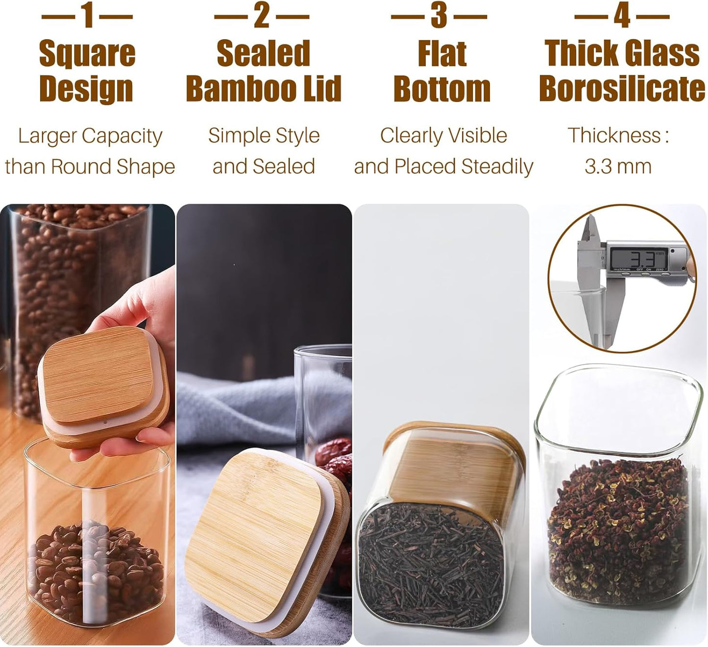 6 Pack Glass Food Storage Jars with Airtight Lids, Clear Glass Jar with Bamboo Lid, Airtight Food Canister for Tea, Candy, Coffee, Sugar, Cookie, Snack. (Square| 5+6 Inch) SET of 3