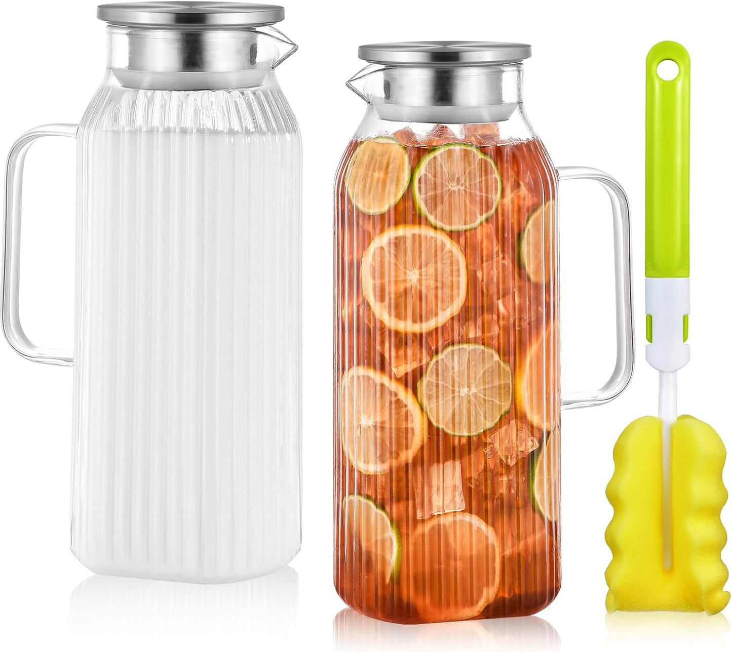 Aofmee 68oz Glass Pitcher with Lid and Handle for Fridge, Clear Striped | Iced Tea Pitcher for Fridge, Borosilicate Glass Carafe, Sun Tea Jar, Dual Pour Stainless Lid, Dishwasher Safe