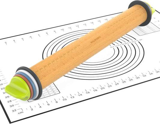 Adjustable Rolling Pin with 4 Thickness Rings &amp;Pastry Mat For Baking Dough | 13.6''Wooden Dough Roller with Precision Measuring Rings For Cookie Pizza Fondant PieCrust Pastry Making At Home or Pro Baker