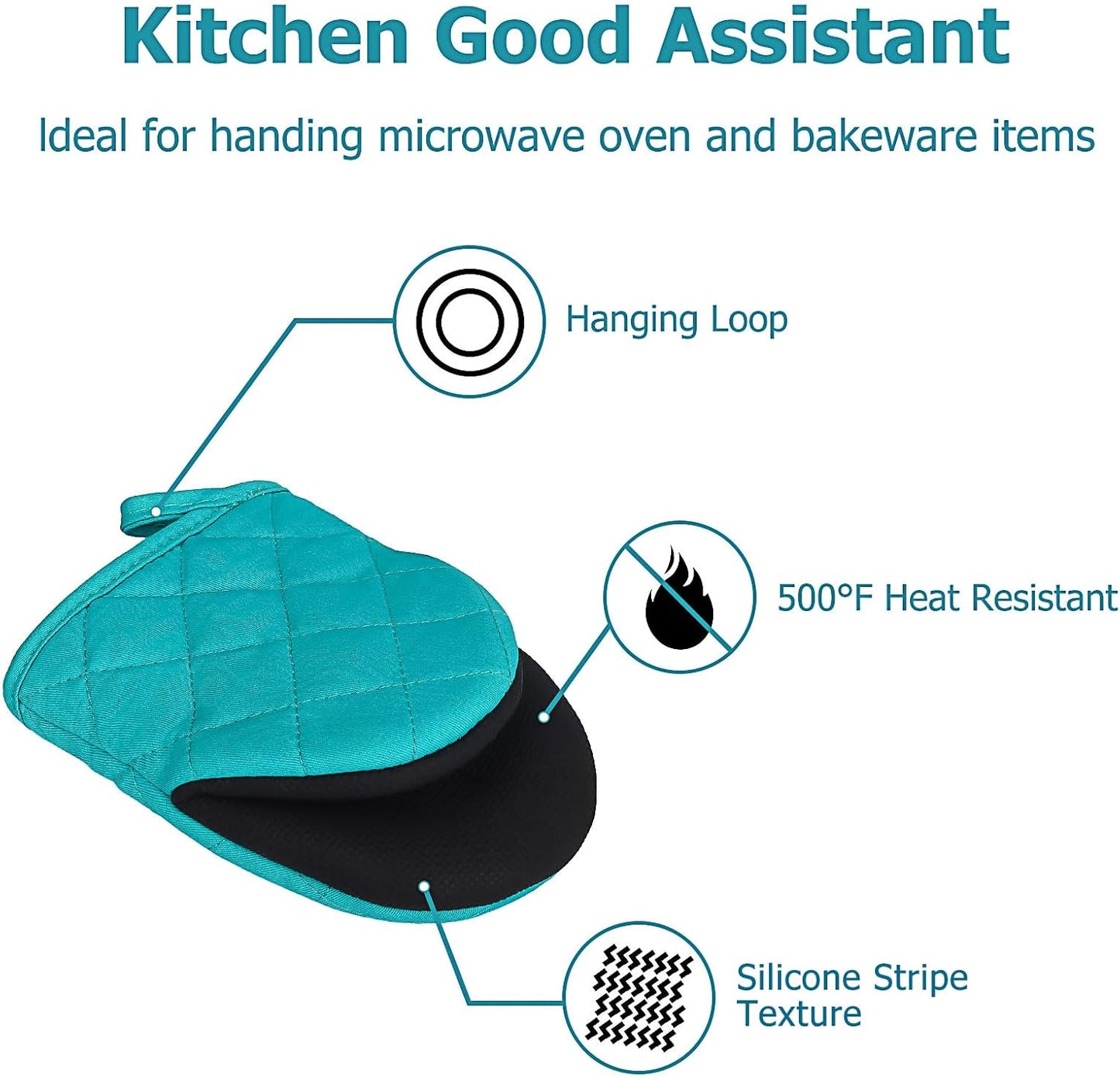 Goldmeet Mini Oven Mitts 2-Pack, 7"x5.5", 500°F Silicone Grip, Coral Blue | Non-Slip, Heat Resistant, Machine Washable, Hanging Loop, Fits Small Hands, for Baking Grilling BBQ Cooking