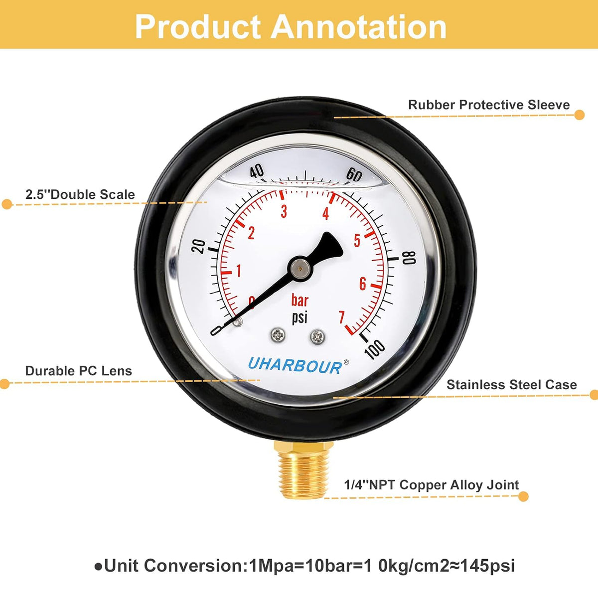 UHARBOUR Water Pressure Gauge 0-100PSI, 2-1/2" Liquid Filled Dial