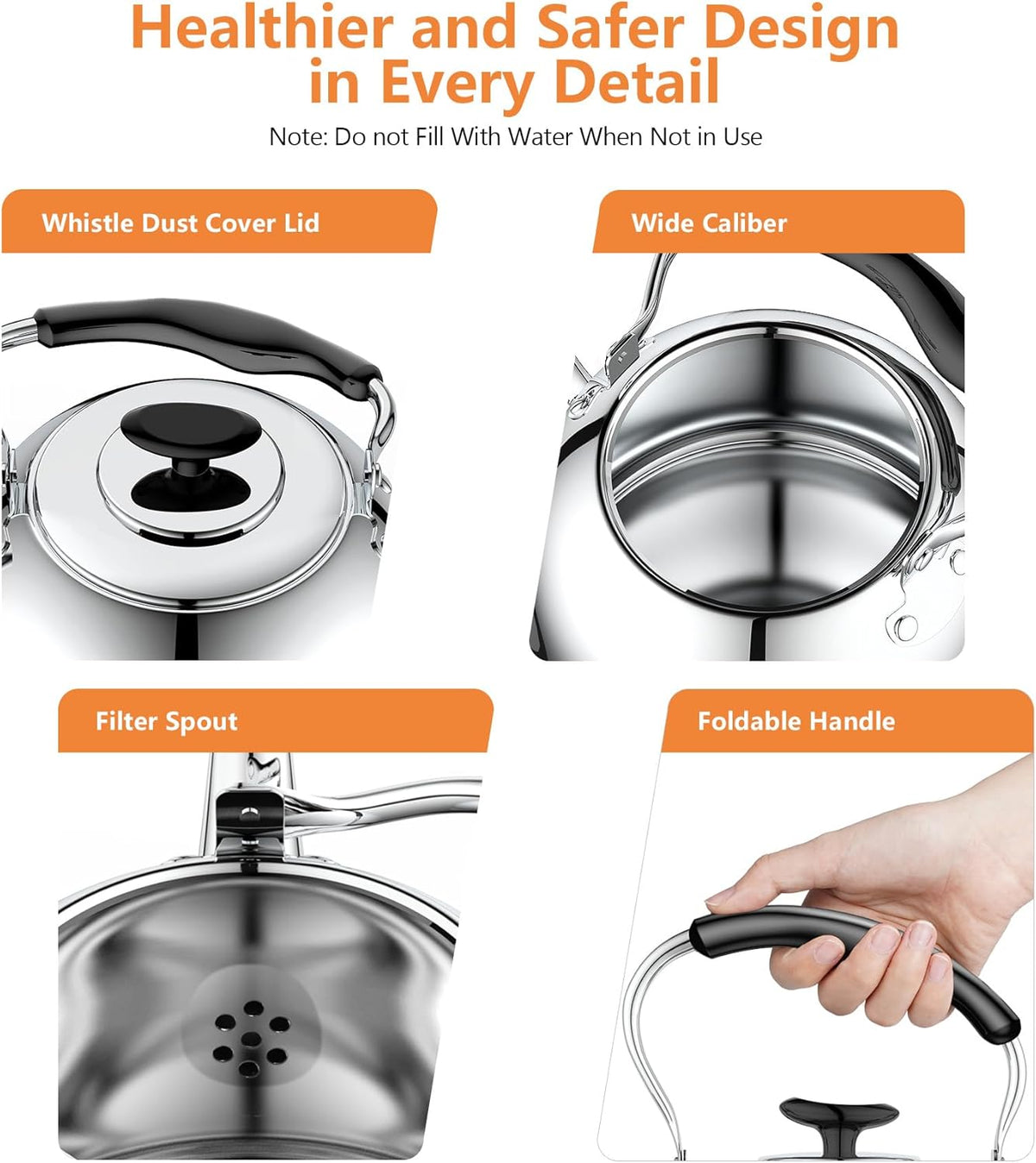 2L Whistling Stovetop Tea Kettle, 304 Food Grade Stainless Steel - Boil Alert Whistle (Not Auto Shutoff), Folding Cool-Touch Handle, Gas/Electric/Ceramic Compatible | Max Safe Fill: 1.6L (6 Cups)