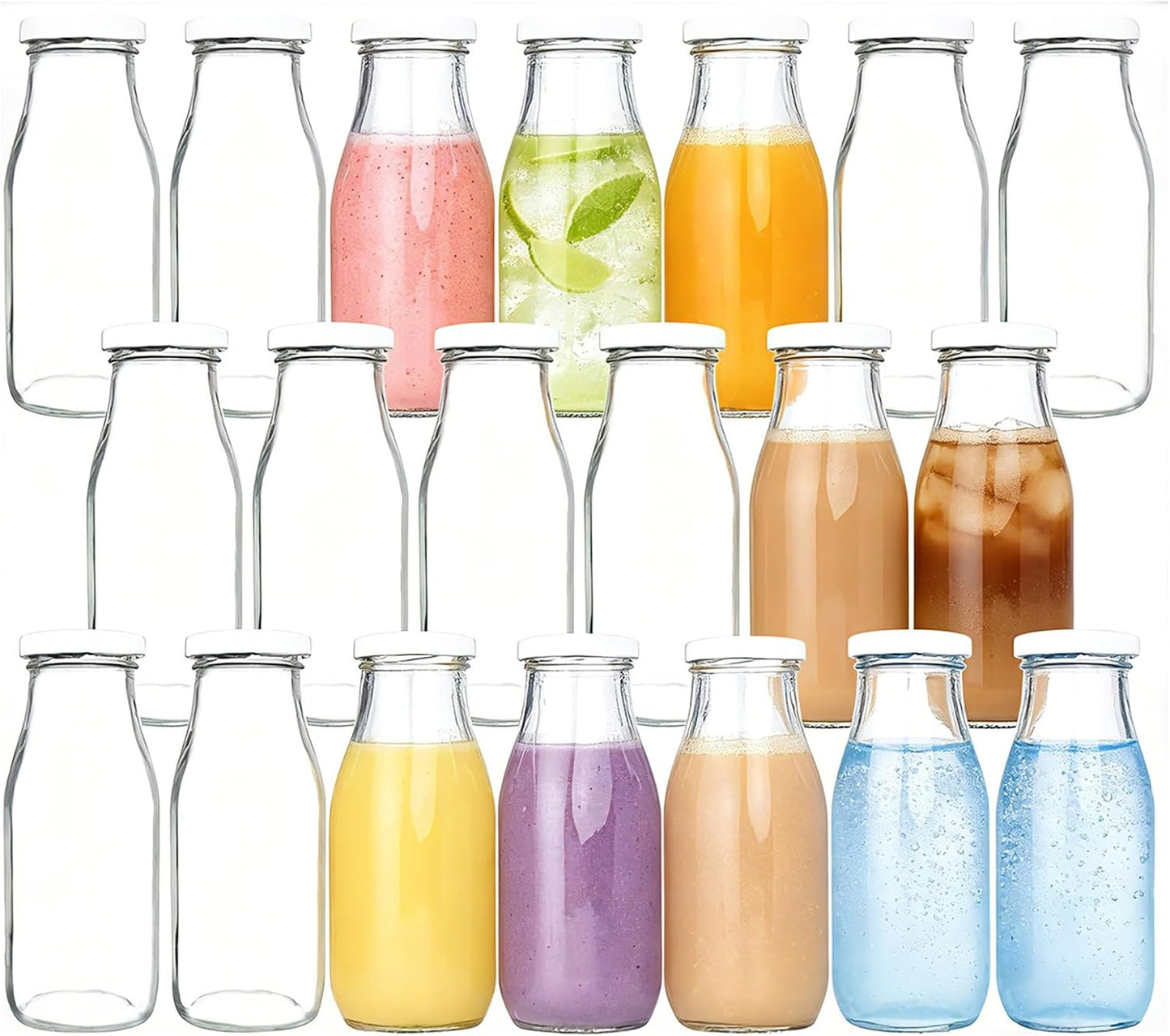 QAPPDA 12 oz Glass Milk Bottles with Lids, 20 Pack Vintage Juice Bottles