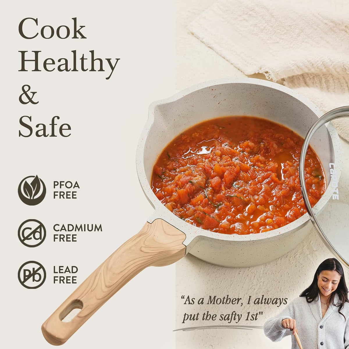 CAROTE 1.5Qt & 3.0Qt Sauce Pan Set with Lid Nonstick Saucepan 4 Pcs Non Stick Sauce Pots Cooking Pot with Pour Spout, Easy to Clean, Small Kitchen Pots Induction Pot, PFOA FREE (White Granite)