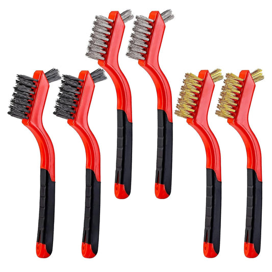 6Pcs Mini Wire Brush Set, Stainless Steel/Brass/Nylon Bristles Wire Brushes, Curved Handle Soft Grip for Rust, Dirt & Paint
