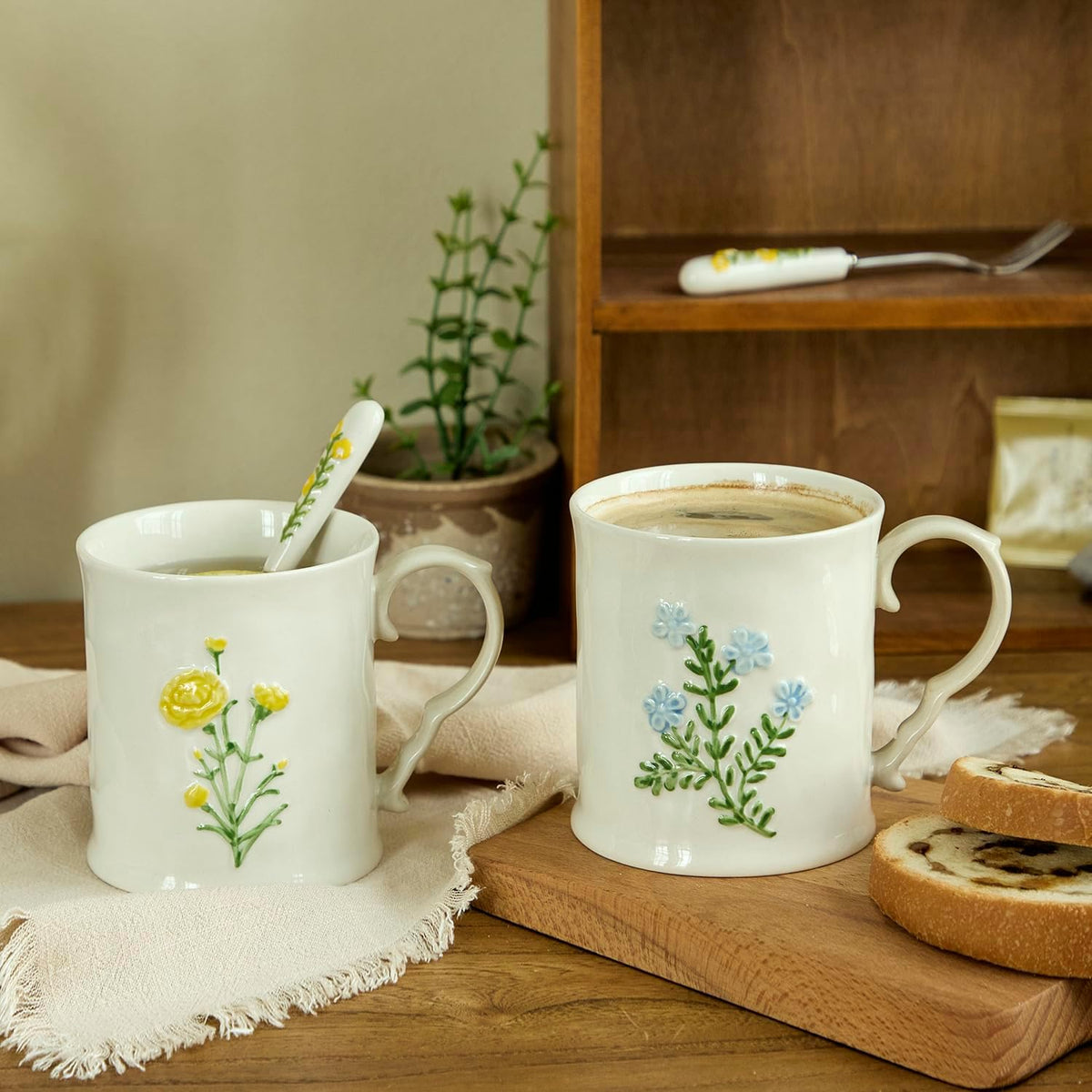 2 Pack Floral Ceramic Coffee Mugs - Yellow and Blue Flowers, Hand-Painted, Microwave &amp; Dishwasher Safe, Ideal for Cappuccino, Tea, Hot Chocolate