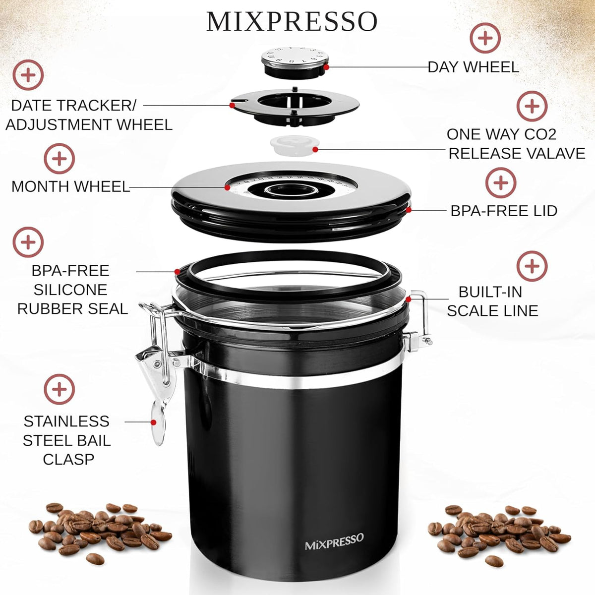 Mixpresso 16 Oz Black Coffee Canister, Stainless Steel Airtight Coffee Container, Air tight Jar Tea Storage with Date Tracker, Vacuum Sealed Espresso Airtight Canister, Sugar Container for Home