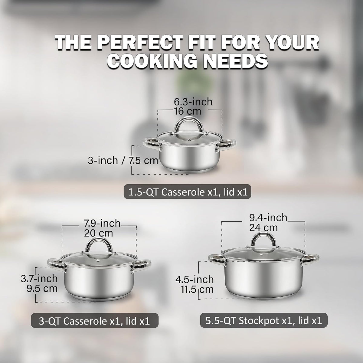 Cook N Home Sauce Pot Stainless Steel Stockpot with Glass Lid, Basic Saucier Casserole Pan Set, 6 Piece Set