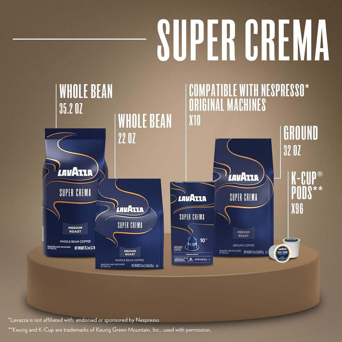 Lavazza Super Crema Whole Bean Coffee, Medium Espresso Roast, Arabica and Robusta Blend, 2.2 lb Bag (Pack of 2)