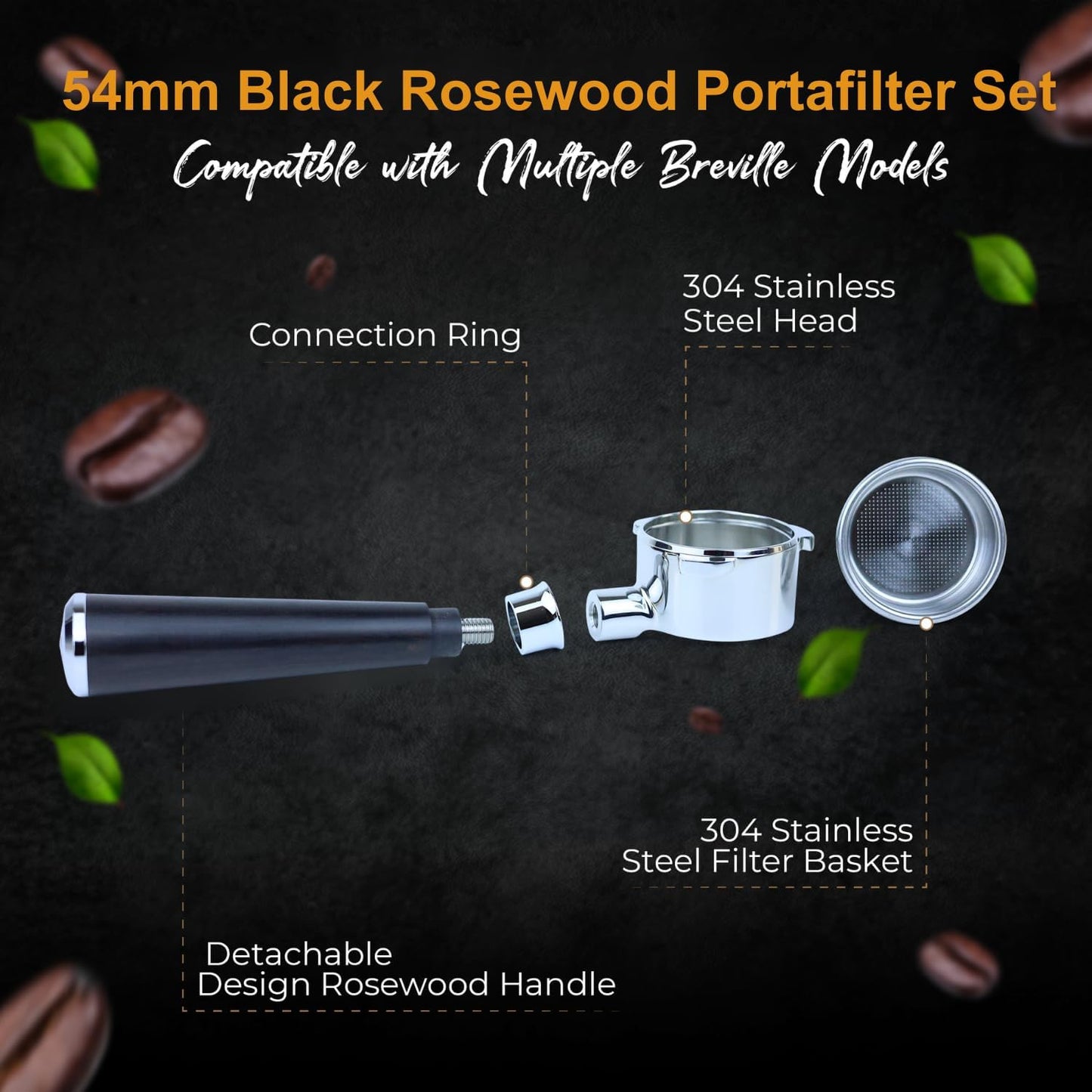 54mm Bottomless Portafilter for Breville Espresso Machines with 18g Filter Basket &amp; 53.35mm Espresso Puck Screen – Sandal Black Rosewood
