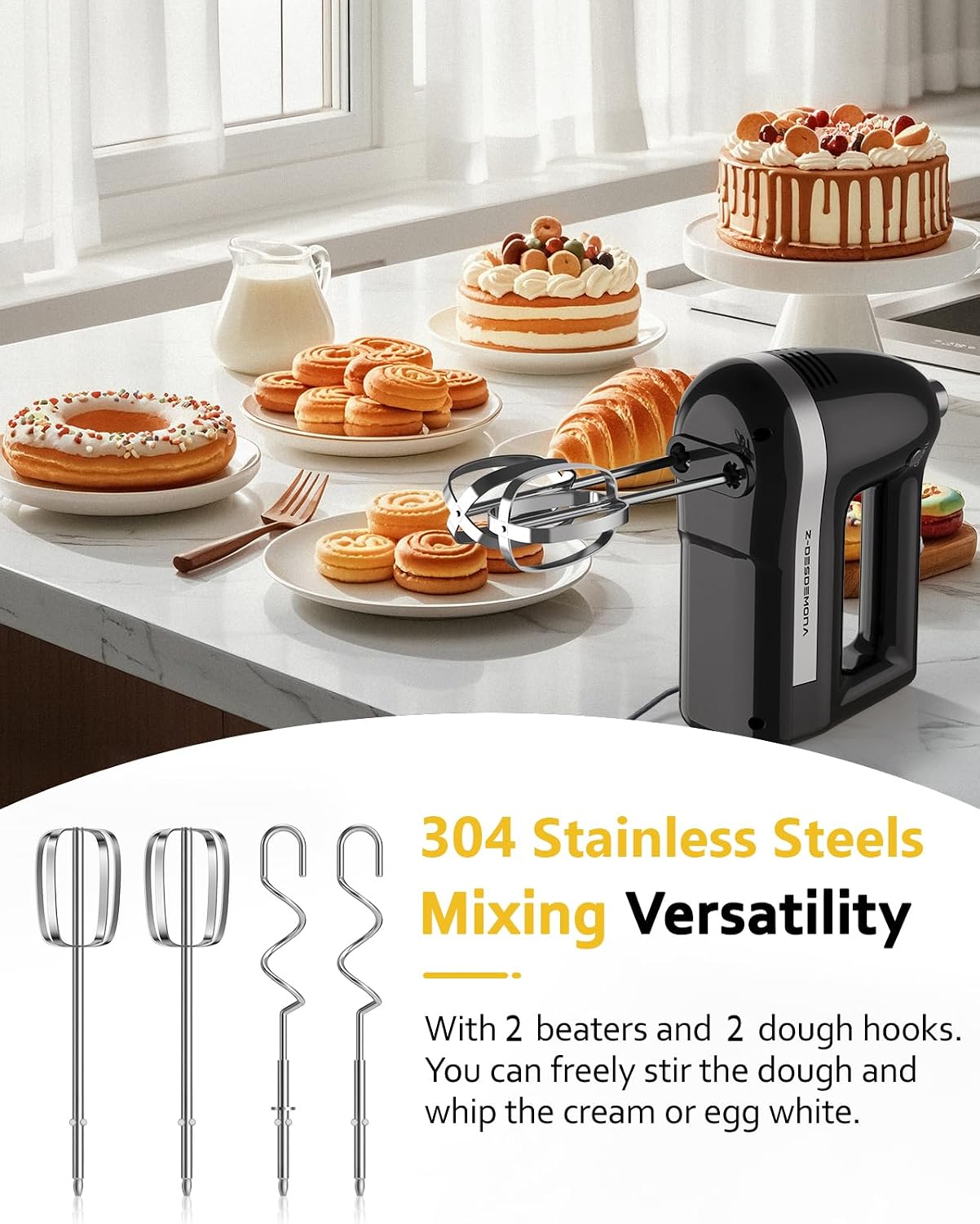 Electric Hand Mixer, Powerful Hand Mixer Electric Handheld with 304*(2*Beaters, 2*Dough Hooks),(1*Storage Bag) Hand Held Mixer with Turbo for Baking Cakes,Cream(Black)