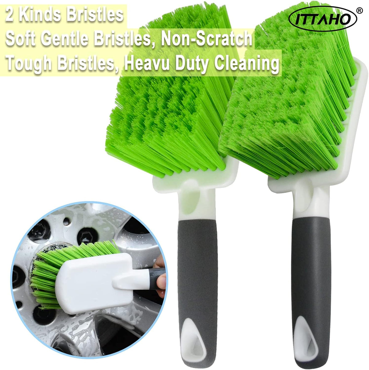 2 Pack Car Wash Brush, Tire Brush for Cleaning Tires, Soft &amp; Stiff Bristle Wheel Cleaner, Car Cleaning Supplies for Wheels, Rims, Carpet, Truck, SUV, Moto, RV, Motorcycle