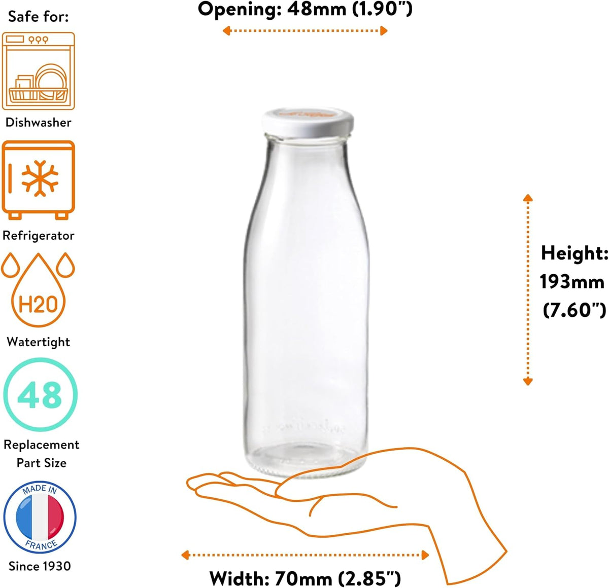 Le Parfait French Glass Milk Bottles with Printed Airtight Twist Lids, 500ml (16oz) Pack of 6 – Leakproof Reusable Glass Bottles for Juice, Water, Cold Brew, Kefir &amp; Beverage Storage