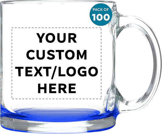 Custom Clear Glass Coffee Mugs 13 oz. Set of 100, Personalized Bulk Pack - Perfect for Coffee, Tea, Espresso, Hot Cocoa,