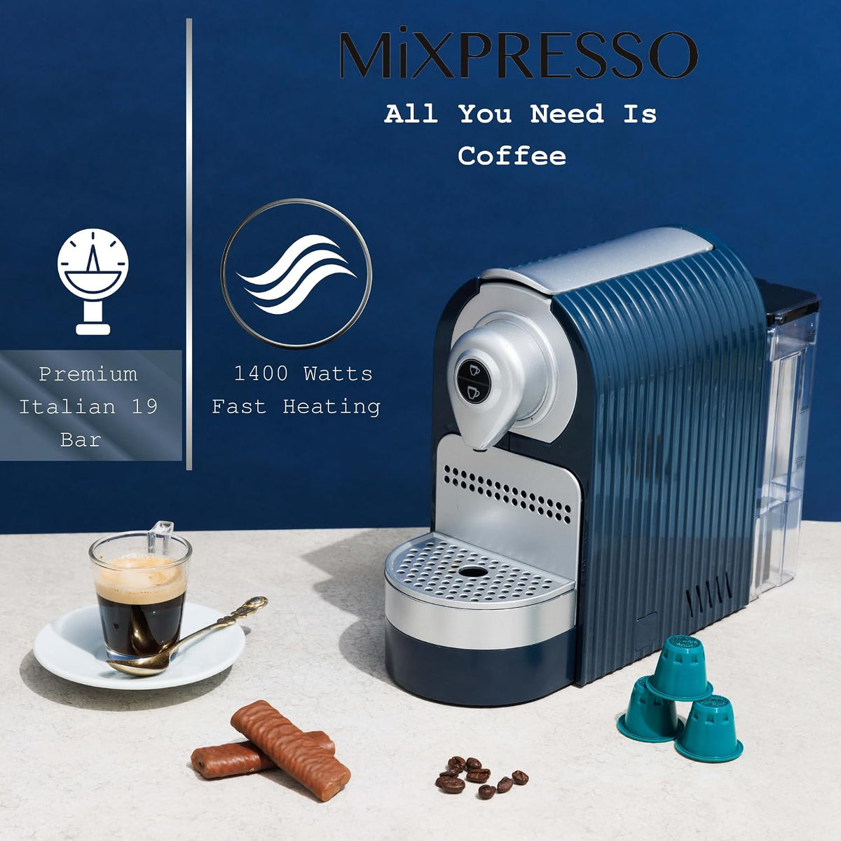 Mixpresso Espresso Machine, Compatible with Nespresso OriginalLine Capsules | 1400W single serve coffee maker with one-touch operation, 19-bar Italian pump and 27oz water tank, blue
