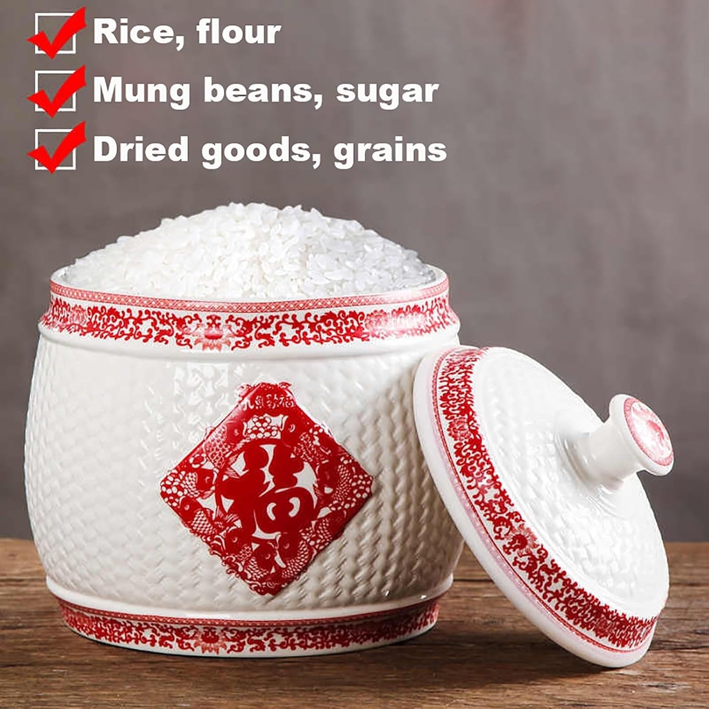 Chinese Sealed Large-Capacity Rice Pot, Ceramic Rice Bucket With Tassel Design, Grain Storage Ceramic Container